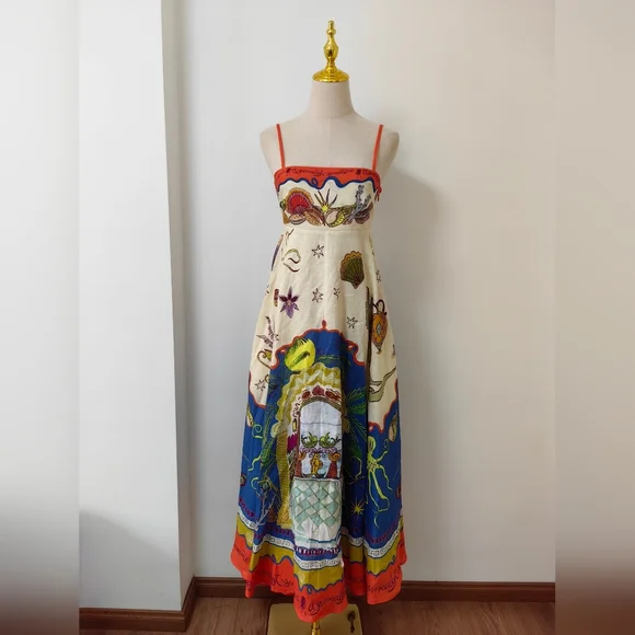 ALEMAIS Surrealist Summer Sleeveless Linen Midi Sundress